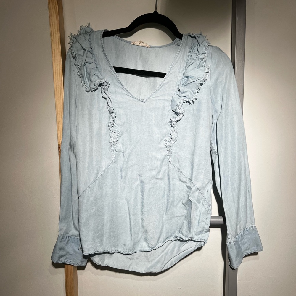 Anthropologie Blue ruffle long Sleeve Blouse by Jane and Delancey